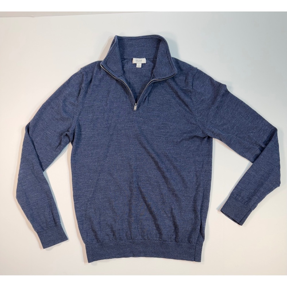 Reiss Mens Blue 100% Merino Wool Quarter Zip Mock Neck Sweater Size Medium